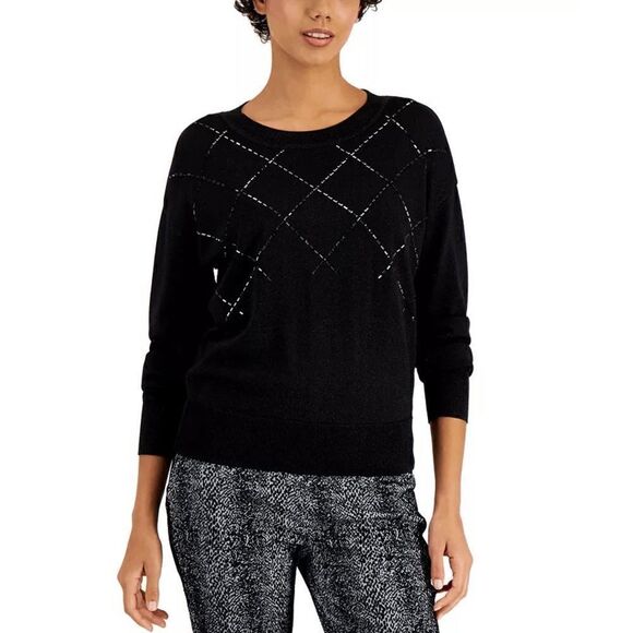 ALFANI Crewneck Shine Sweater Black - Picture 1 of 7
